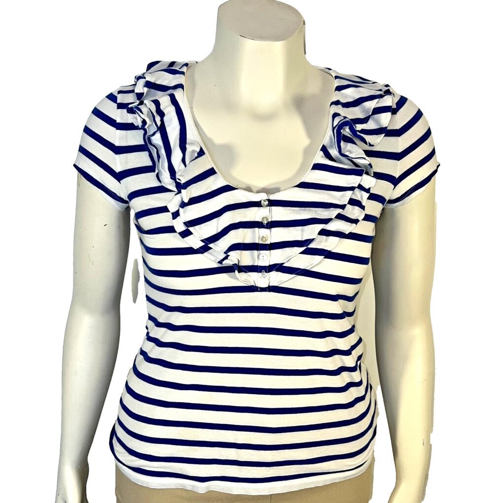 Lauren Ralph Lauren Tee Shirt Womens M Blue White Stripe Scoop Ruffle Neck